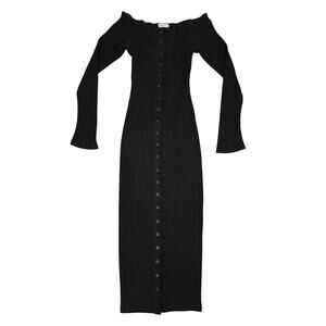 The Line by K Black Gaby Ribbed Button Front Midi Dress Size S Long Sleeve